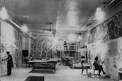 black and white photograph of students working on the Youth Marches On mural